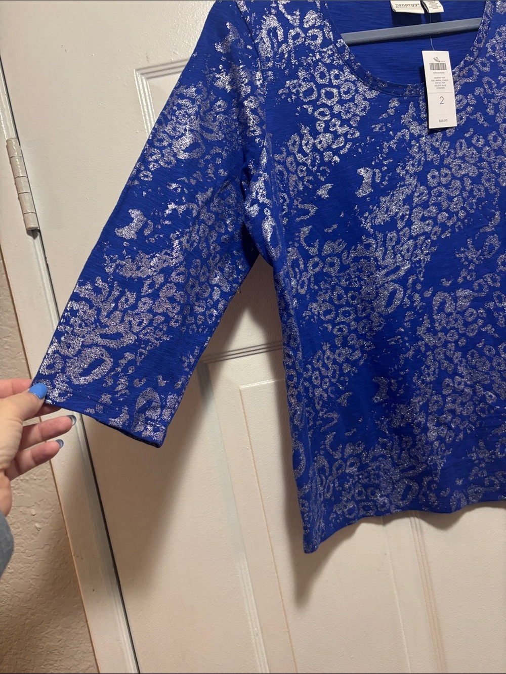 Chico's Cobalt Blue Metallic Animal-Print 3/4 Sleeve Top - Picture 2 of 7